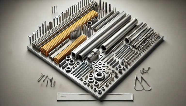 A realistic banner showcasing construction materials such as dowels, nails, screws, and profile materials. The design focuses solely on the materials